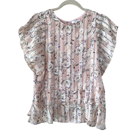 Maette Womens Pink Floral Flutter Short Sleeve Casual Round Neck Blouse Top - Picture 1 of 10